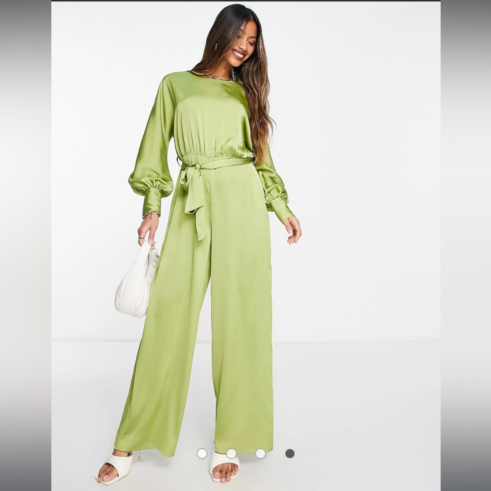 Lola May - Tie Waist Wide Leg Satin Jumpsuit in chartreuse green NWT